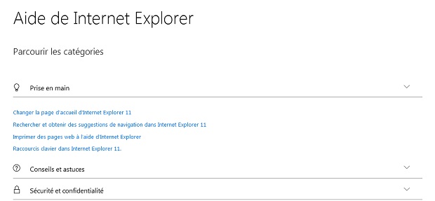 Aperçu de la page d'aide pour Internet Explorer sur le site de Microsoft.
