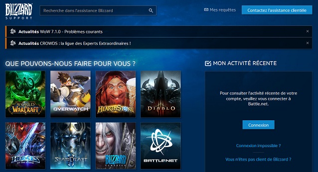 ^perçu de la page d'assistance du site Blizzard, le développeur de World Of Warcraft.
