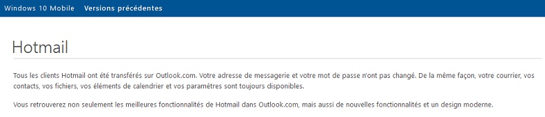 Extrait de la page du support Hotmail/Outlook
