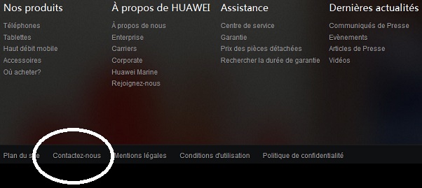 Page d'accueil du site Huawei. Cliquez sur l'onglet : "Contactez-nous".