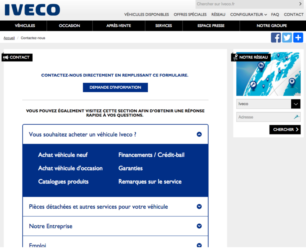 Page de contact officielle du site Iveco