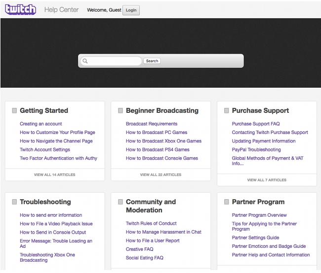 Page d'aide et de contact officielle du support Twitch (Disponible en Anglais uniquement)