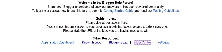 Aperçu du forum d'entraide de Blogger