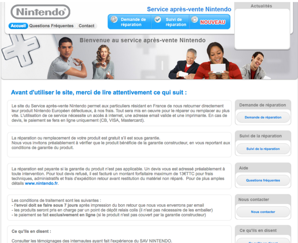 Page officielle du formulaire de contact du SAV de Nintendo