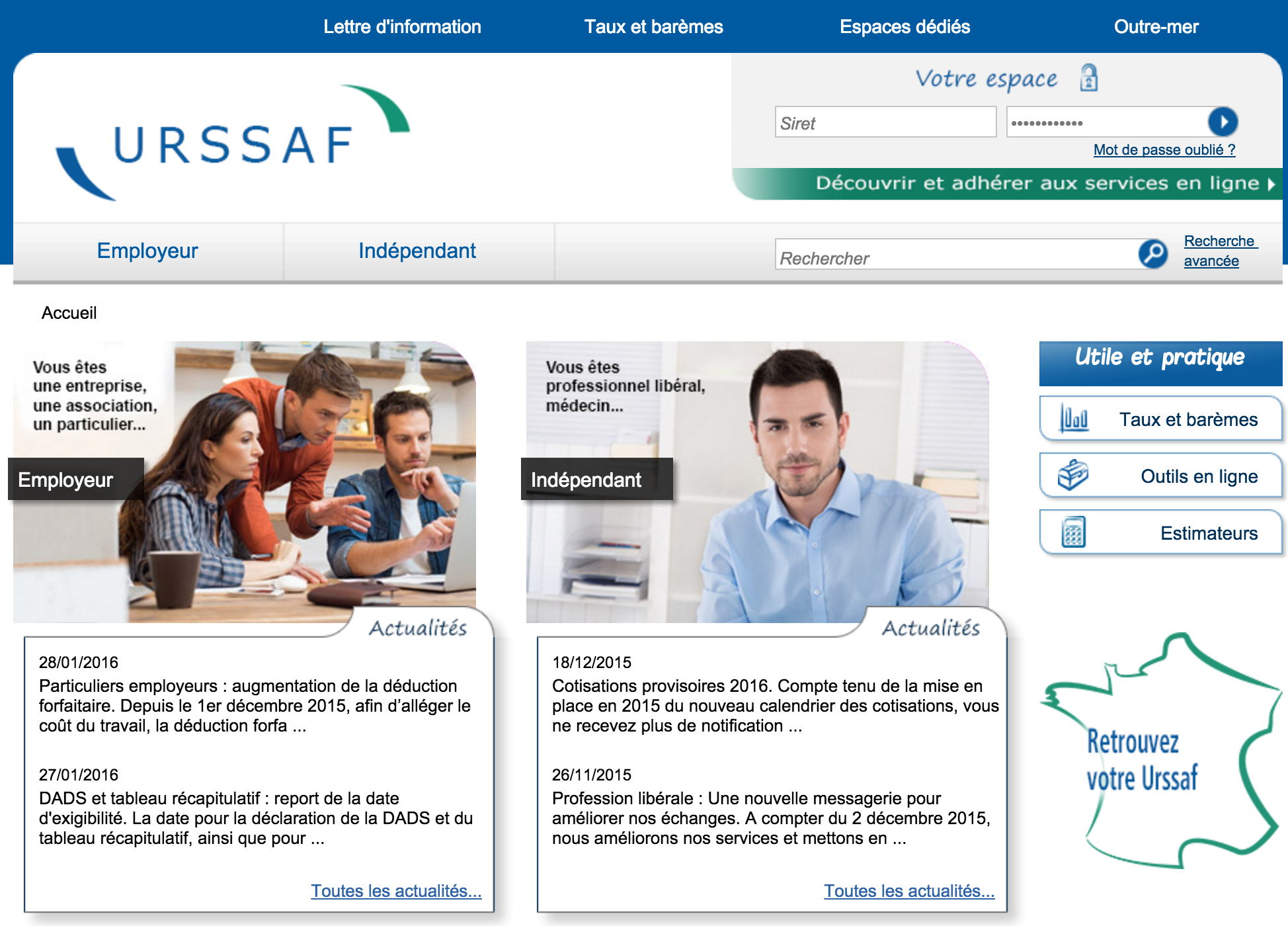 Interface du site officiel de l'Urssaf